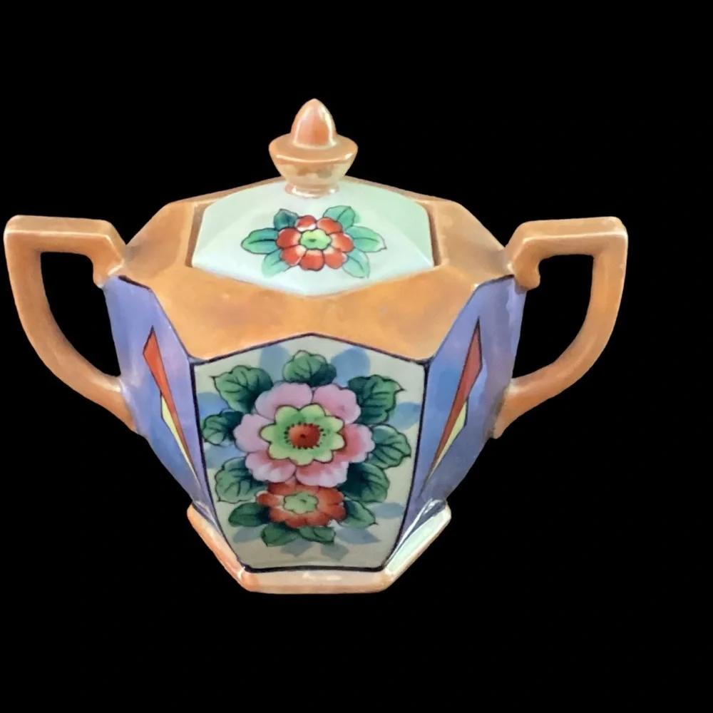 Vintage Lusterware Sugar Pot Ceramic Hexagon Iridescent Glaze